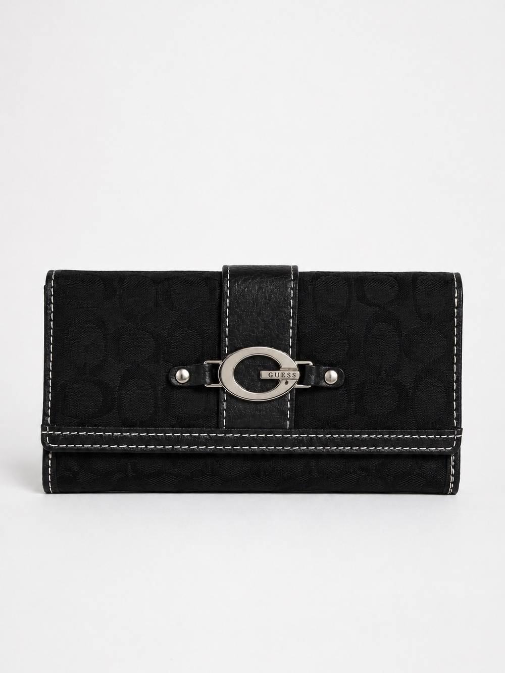 2008 Guess Black Signature Continental Wallet with Silver Logo Y2K
